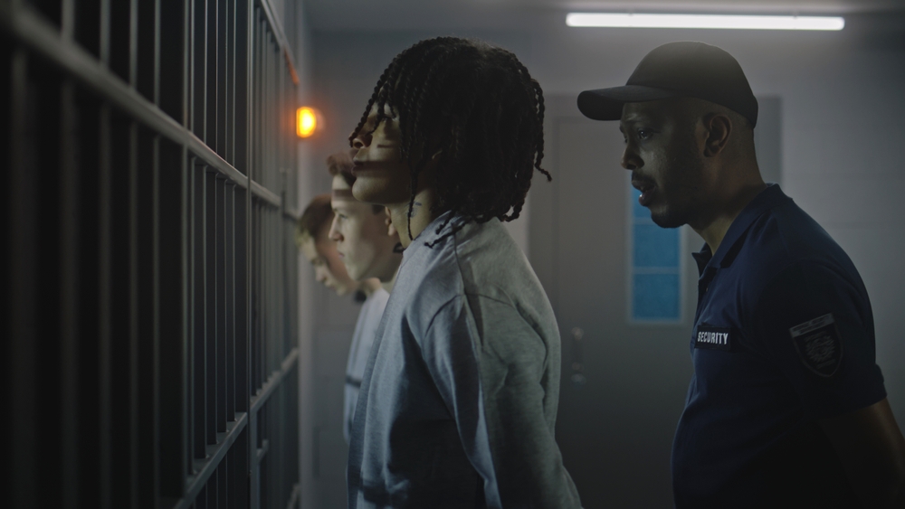 Teens Adult prisons: Thre teen males in a dimly lit jail cell, stand in a row facing jail cell bars with uniformed guard standing behind them